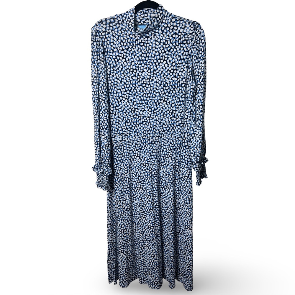 Draper James – Women’s Blue White Abstract Print Mock Neck Midi Dress – Sz. L